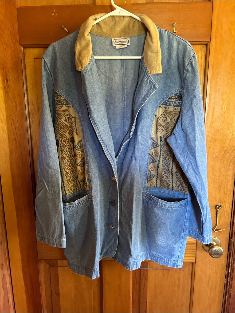 Saint James Blue Denim Jacket with Tan Collar and Patterned Tan Panels